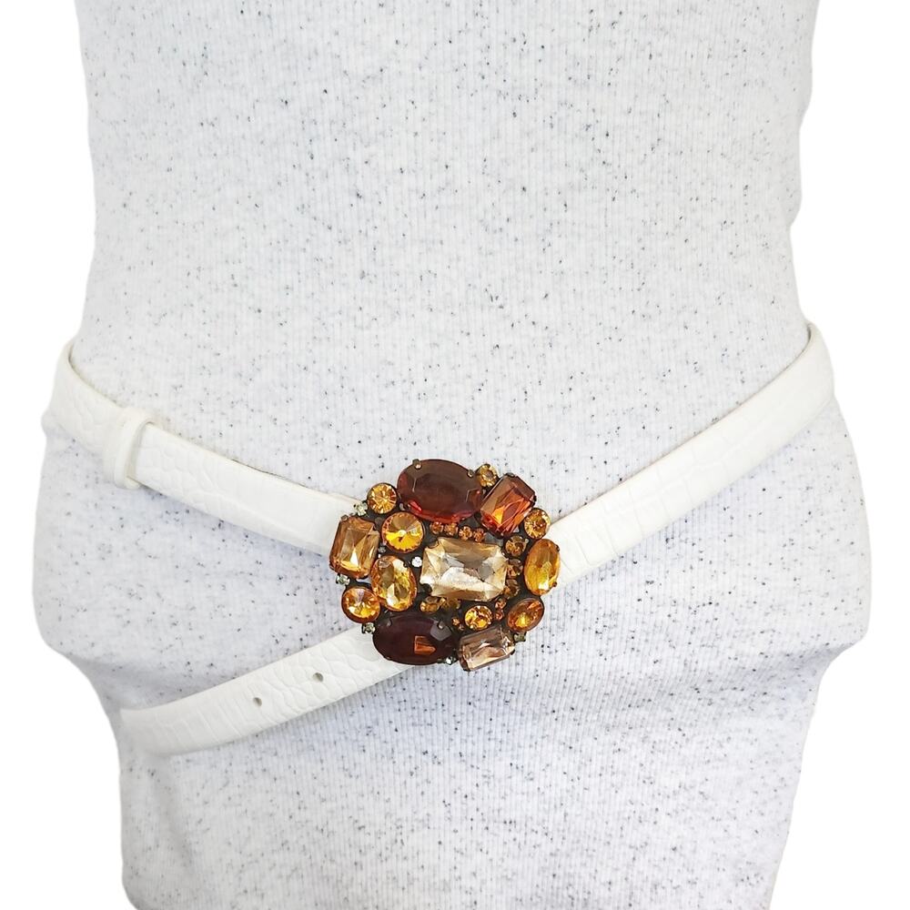FABRIZIO MANCINI white leather croc embossed jewel buckle skinny belt 80 S / M - Picture 2 of 5